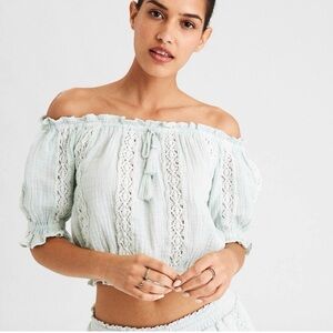 American Eagle Outfitters Light Green Off-Shoulder Top